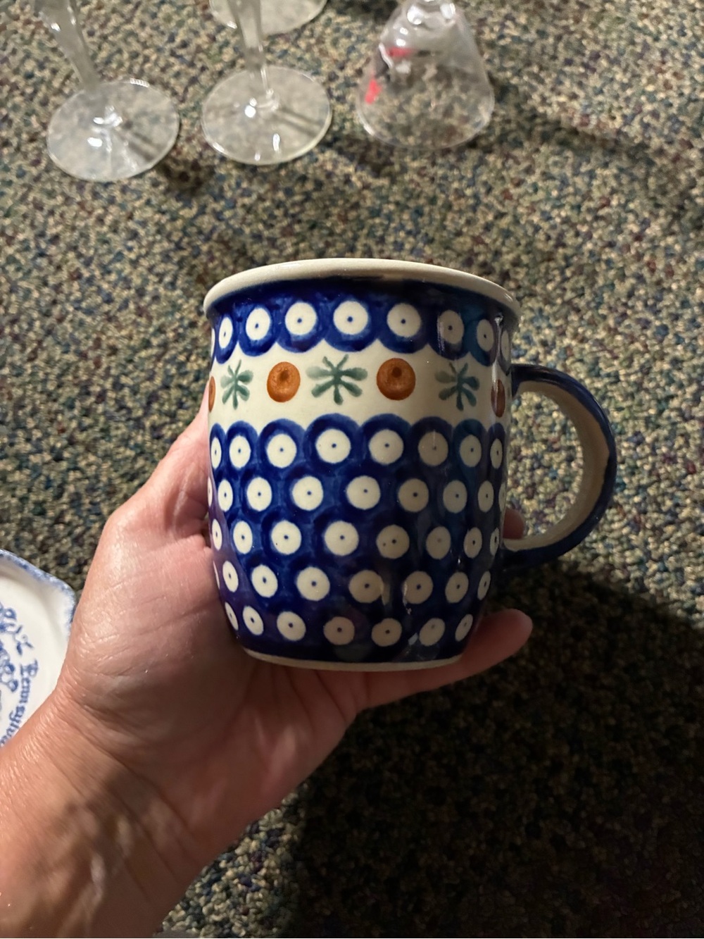 Handcrafted Blue Polka Dot Polish pottery Mug with Floral Accent